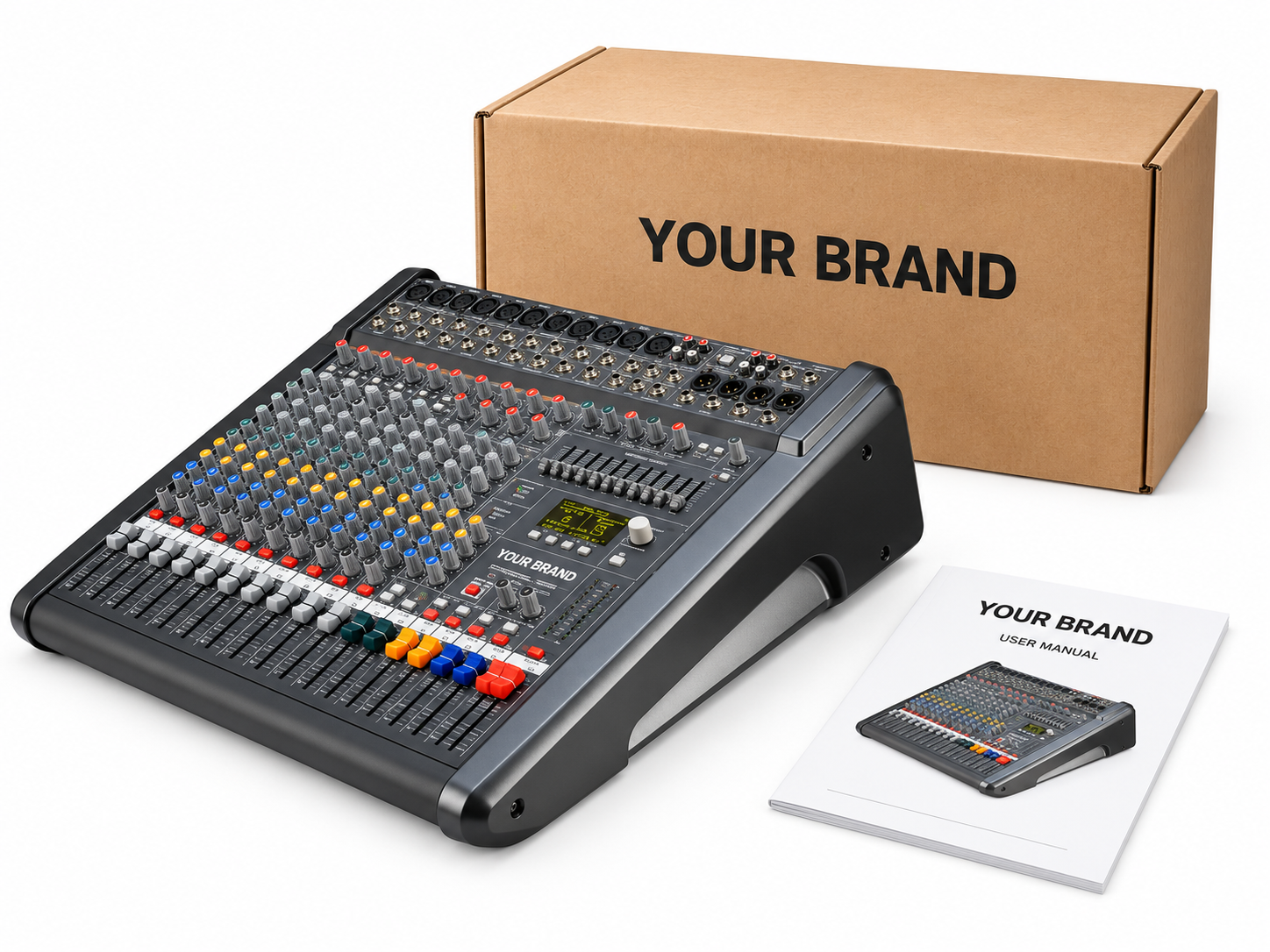 印有 YOUR BRAND 的调音台、纸箱和说明书