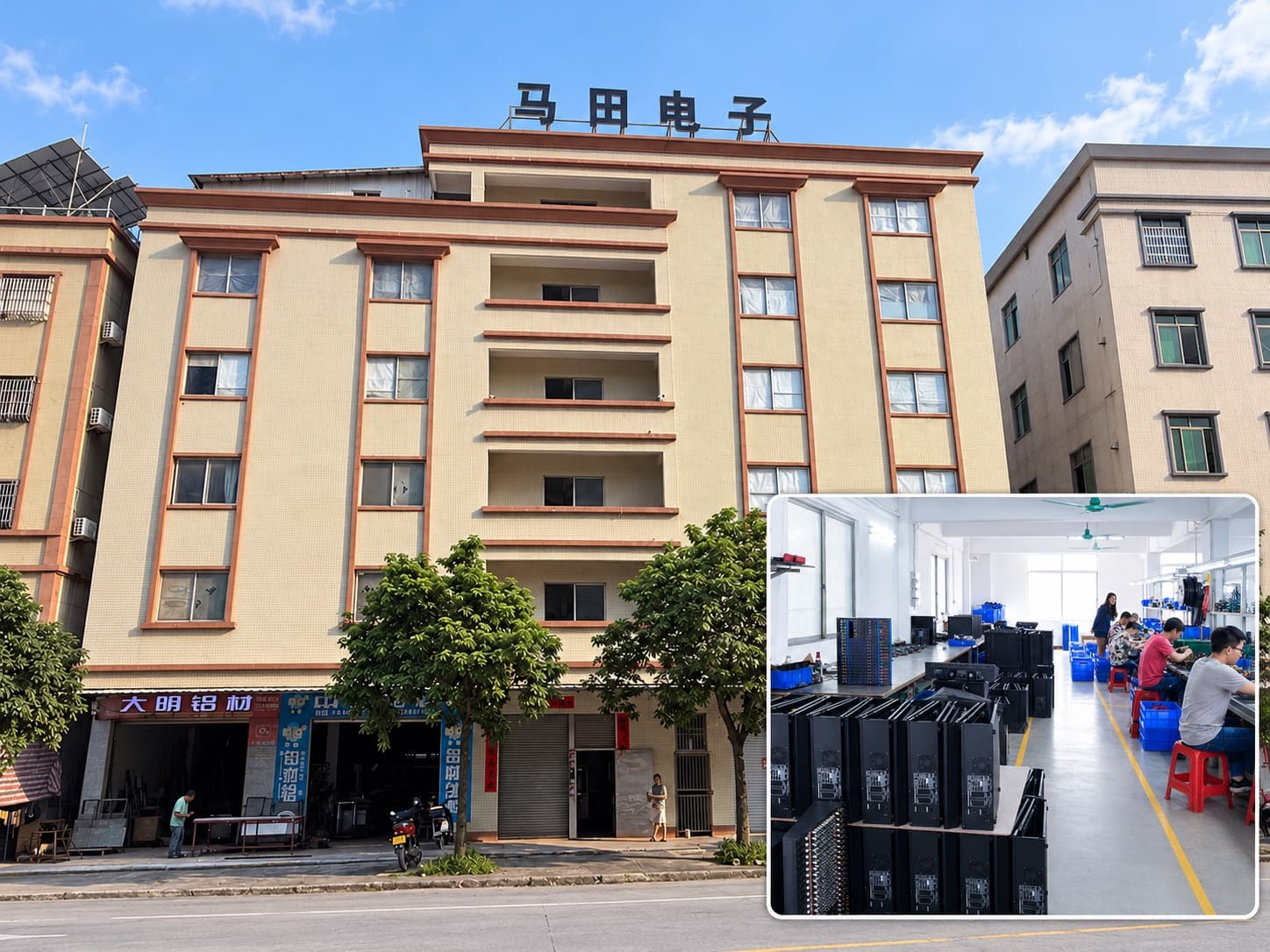 恩平市马田电子厂厂房外观及车间,楼顶招牌为马田电子