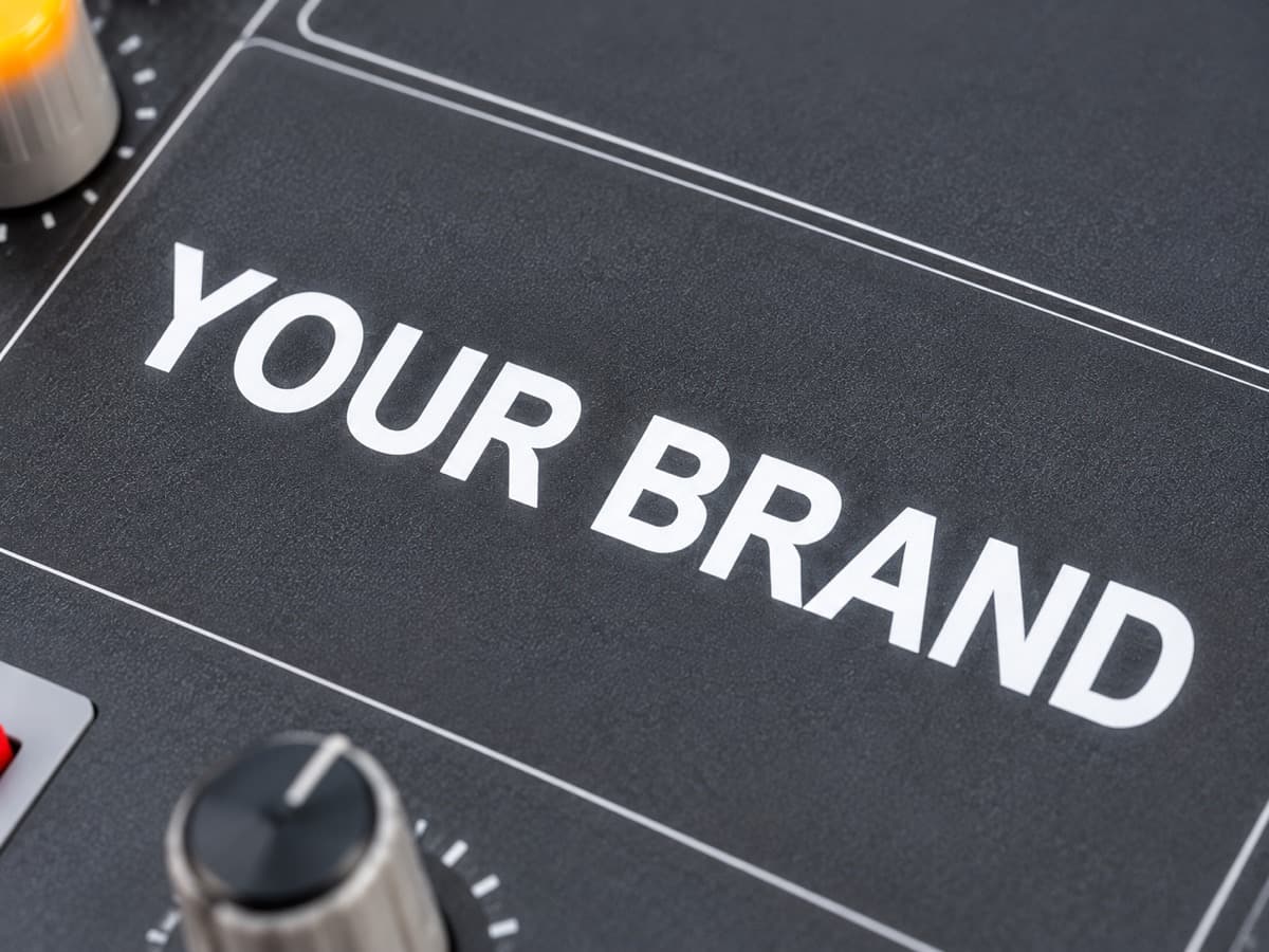 调音台面板近景,面板上完整显示 YOUR BRAND