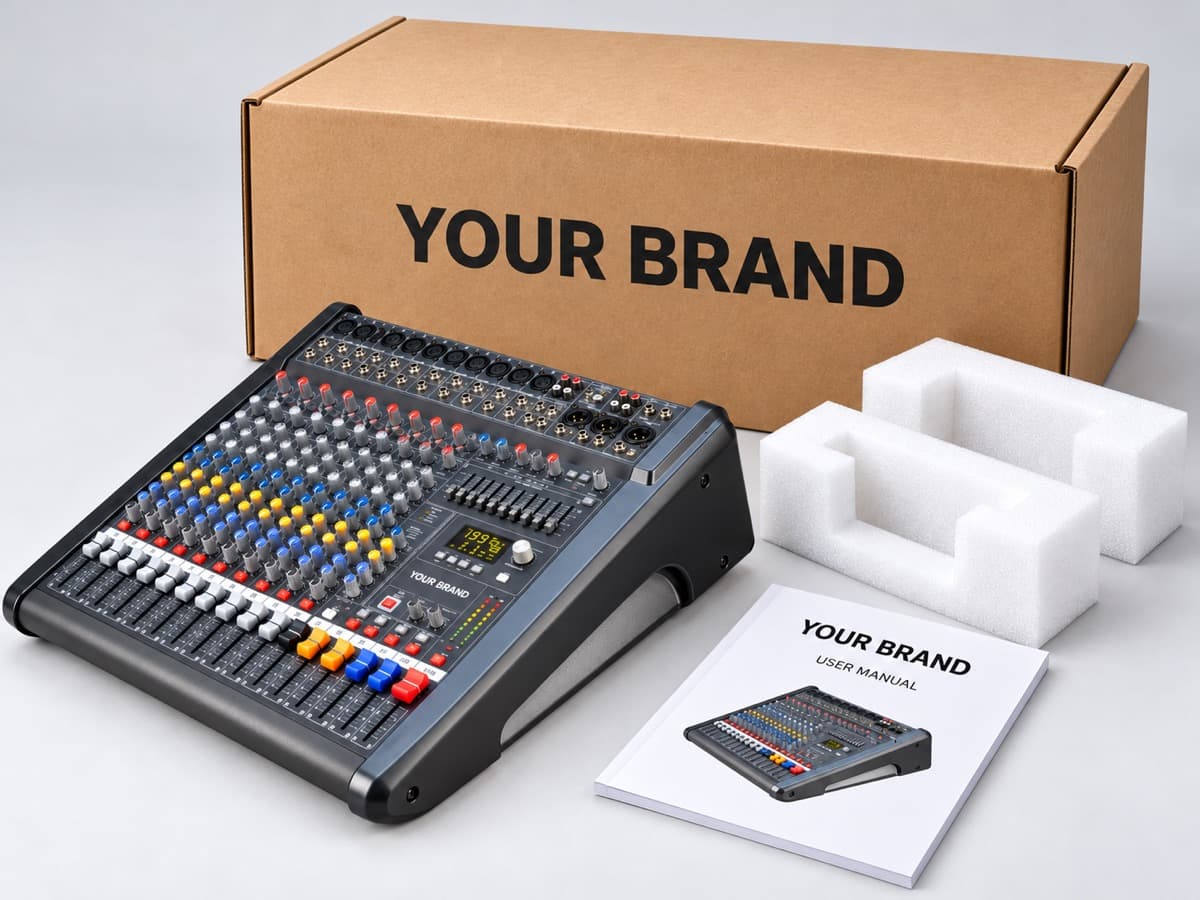 印有 YOUR BRAND 的纸箱、说明书、防护泡沫和调音台
